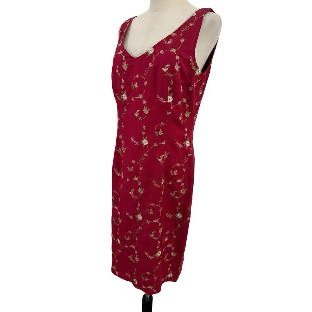 Vtg 90s Maggie London‎ Linen Blend Red Dress Sheath Embroidered Floral Sz 8 Y2K